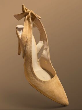 Pointed-Toe Suede Ankle Tie Pumps in Tan